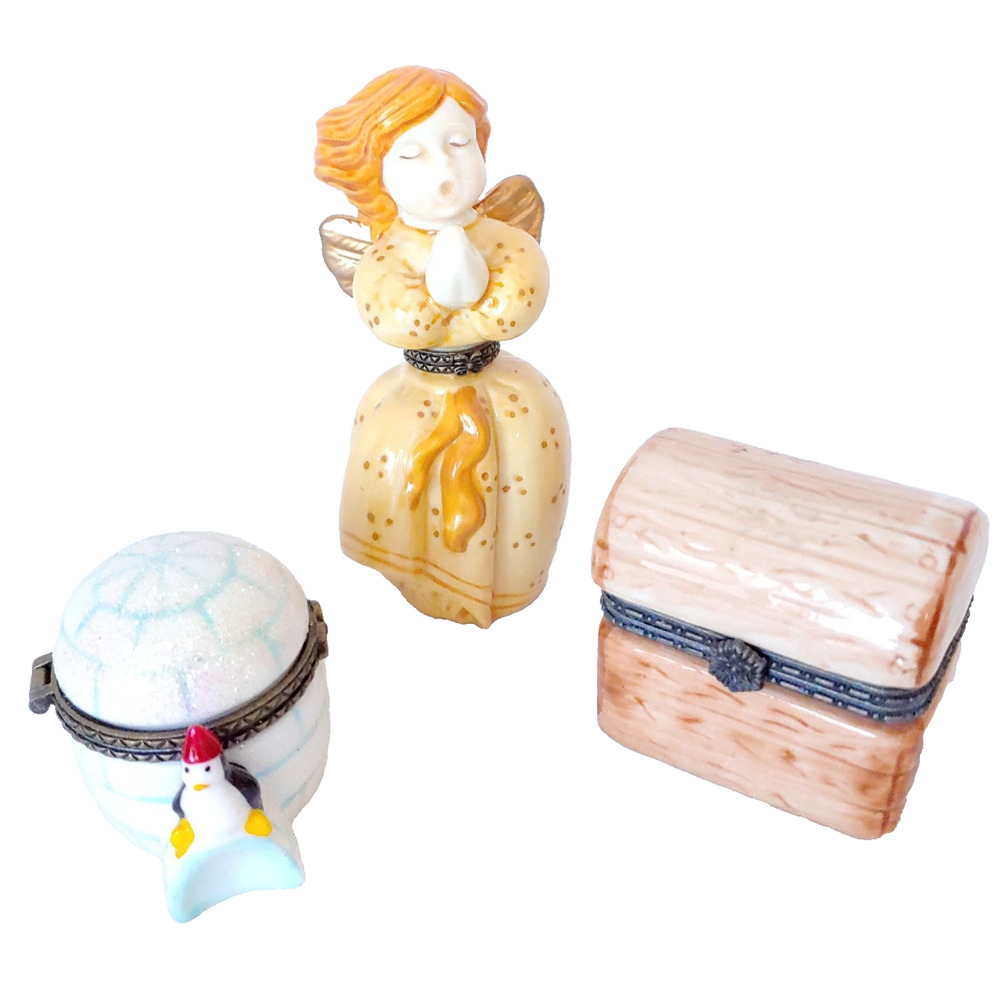 Vintage Miniature Trinket Box Lot Of 3‎ Penguin Angel Treasure Chest Porcelain
